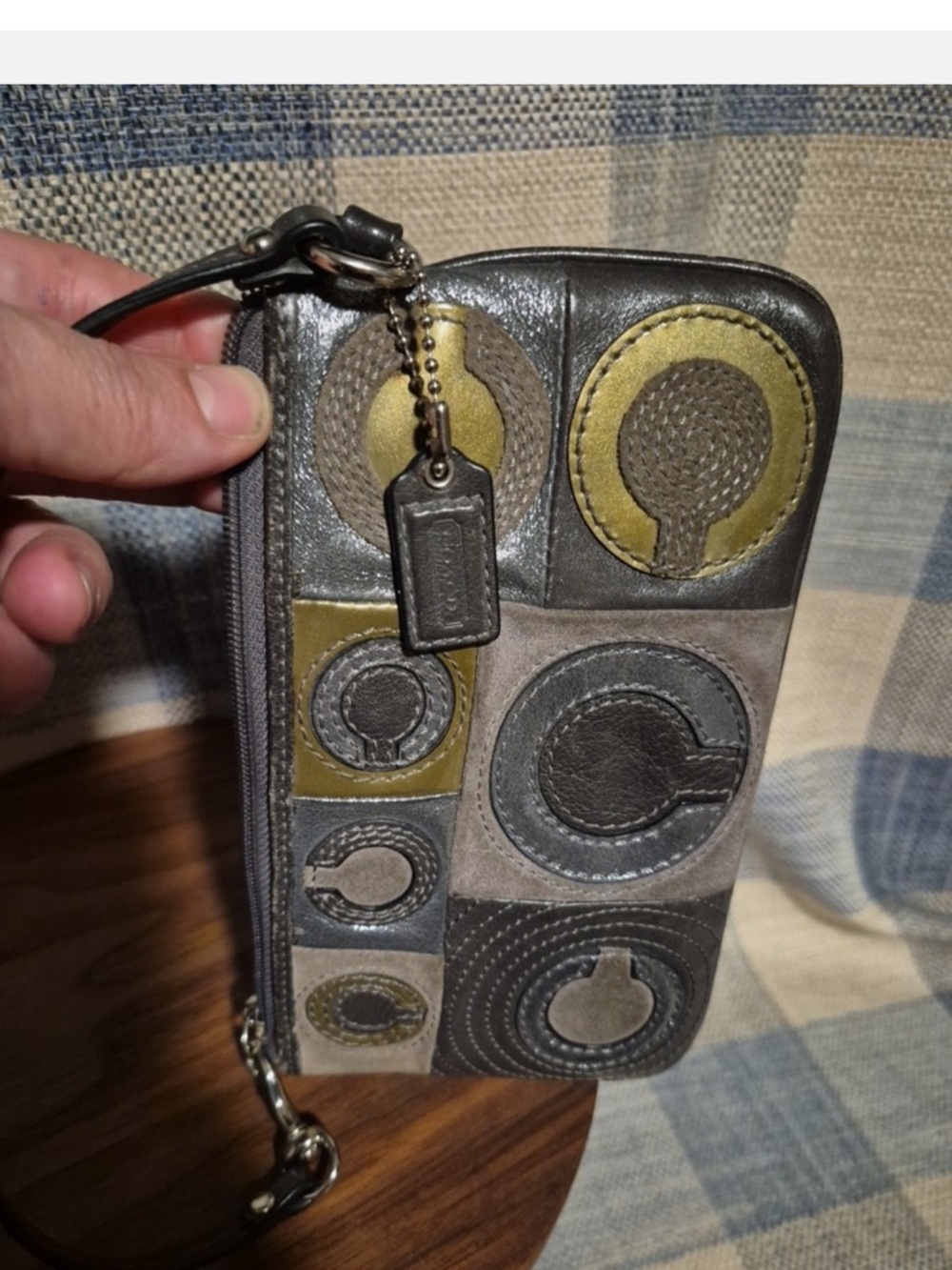 Coach Gray and Olive Leather Wristlet with Circular Appliqués
